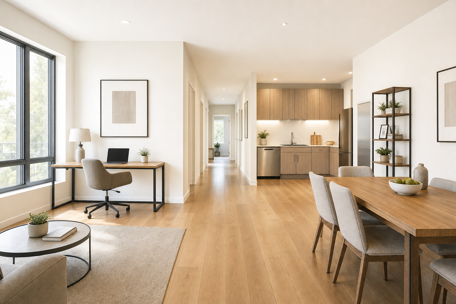 Modern open-plan living space with a kitchen, dining area, and home office featuring wood floors and minimal decor.