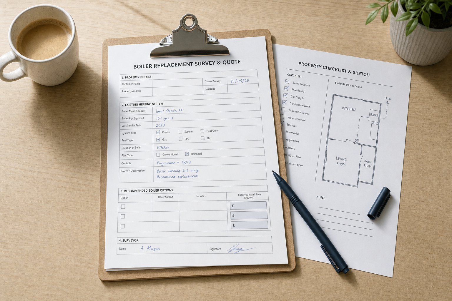 Boiler replacement survey and quote form on a clipboard next to a property checklist and sketch, with a coffee cup and pen nearby.