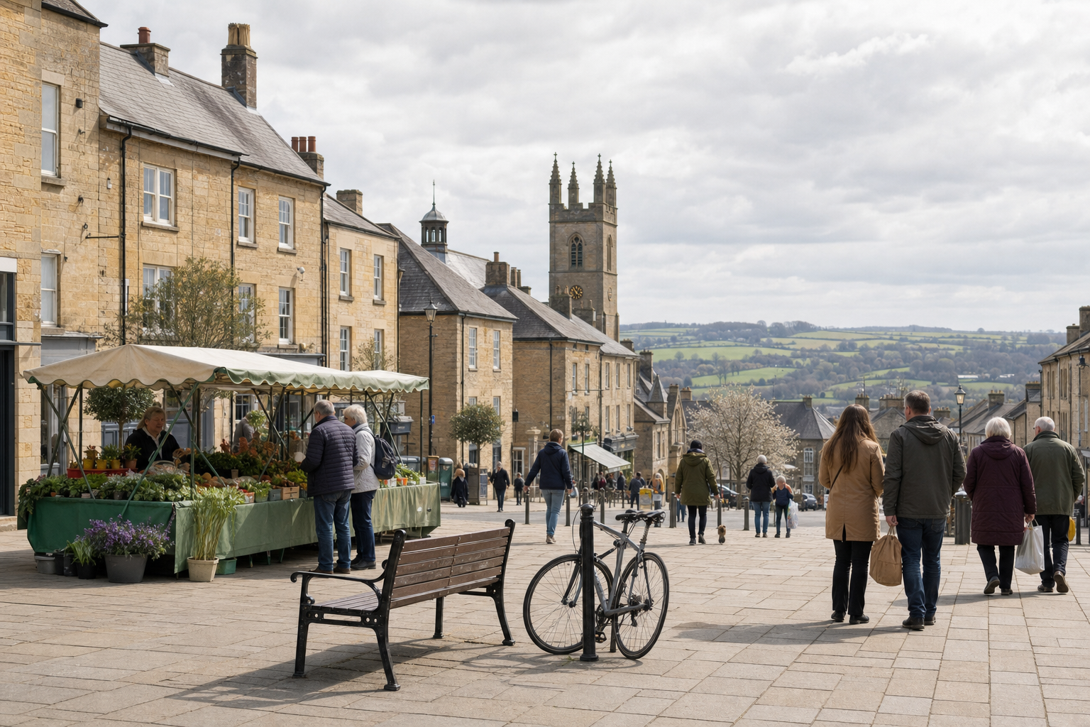 Market stall with people browsing in a quaint village square, framed by historic stone buildings and a church tower.
