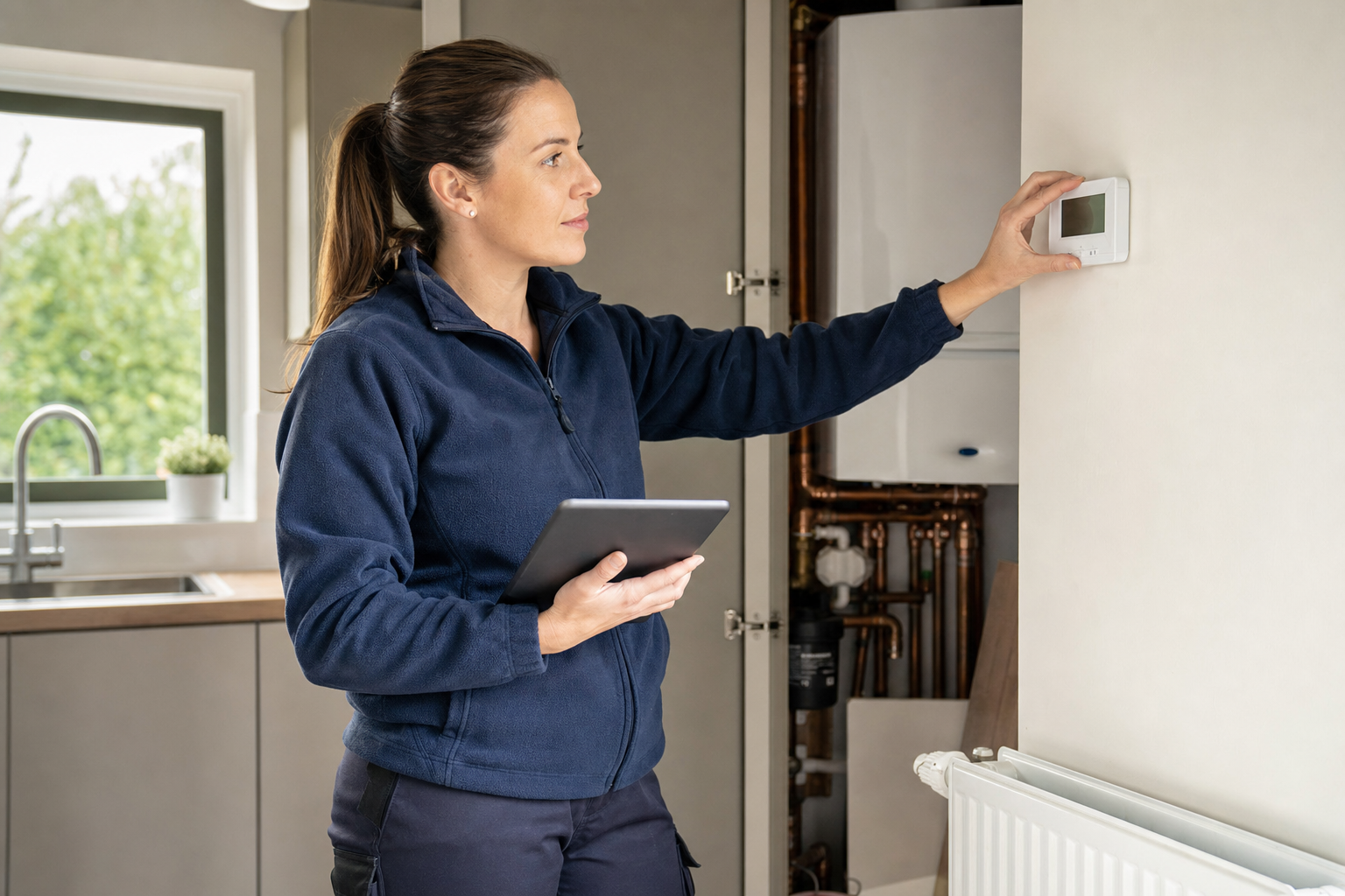 A woman in a blue fleece adjusts a thermostat while holding a tablet in a modern kitchen.
