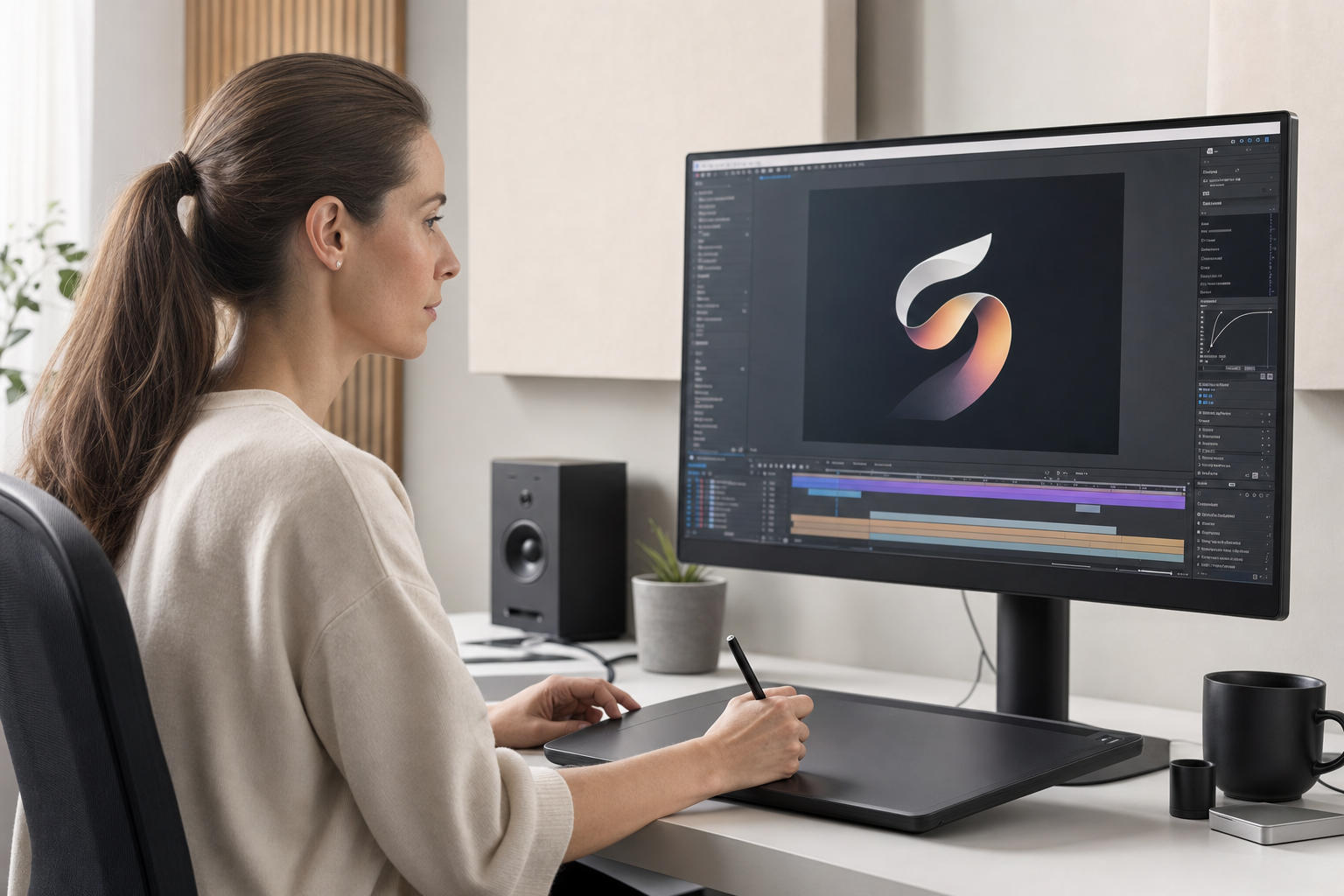 Woman using a graphics tablet while working on digital artwork displayed on a large monitor in a modern office space.