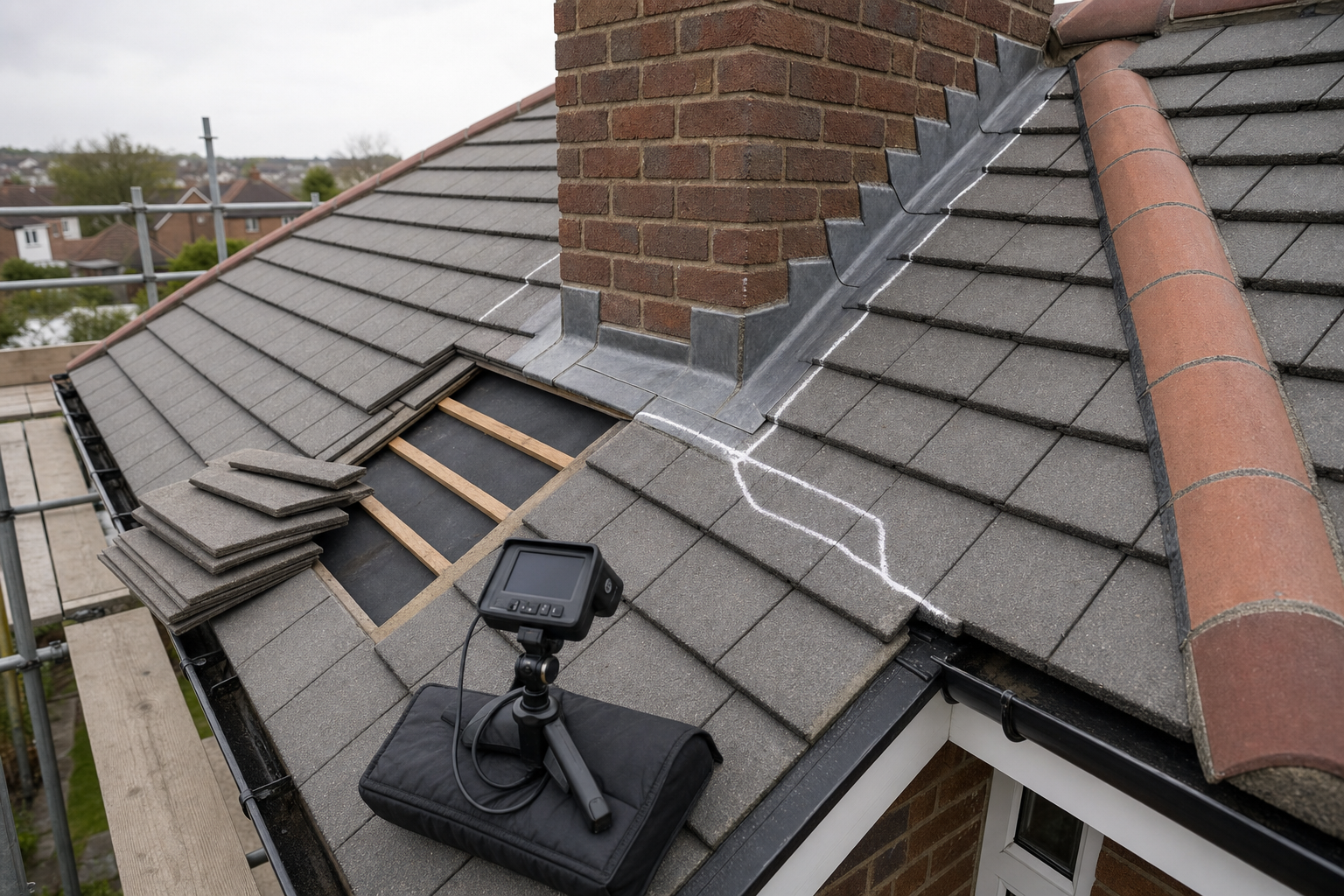 Chimney with lead flashing on a tiled roof, showing removed tiles and a camera setup for inspection.