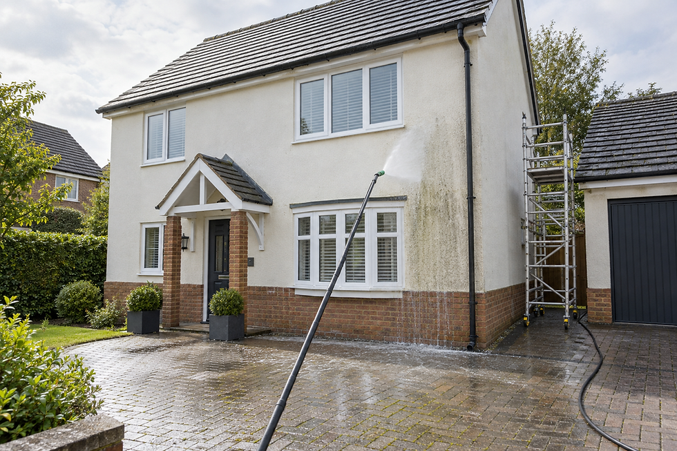 A person using a pressure washer to clean the exterior wall of a detached house with scaffolding nearby.