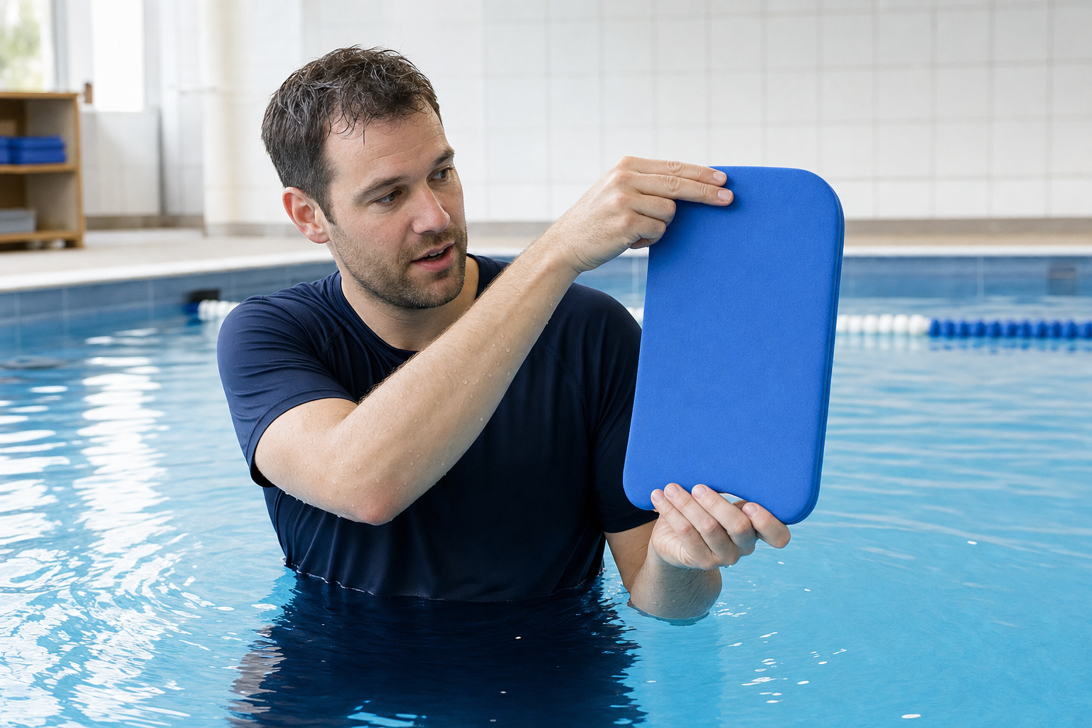 A man in a swimming pool holds a blue kickboard, demonstrating its use.