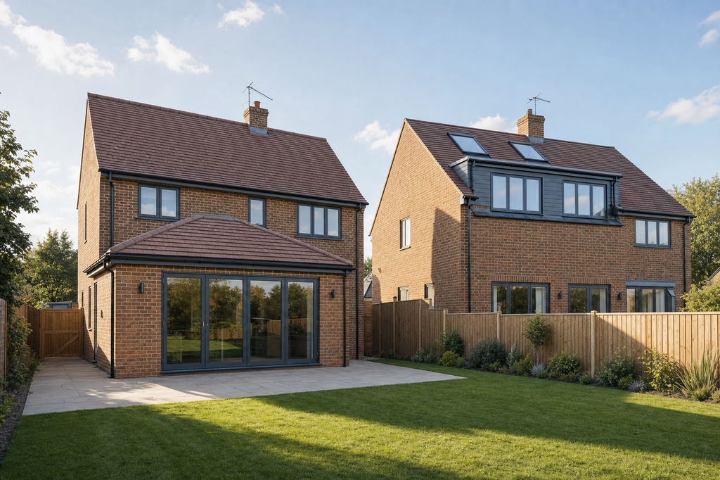 Two modern detached brick houses with red roofs, spacious gardens, and wooden fencing under a clear blue sky.