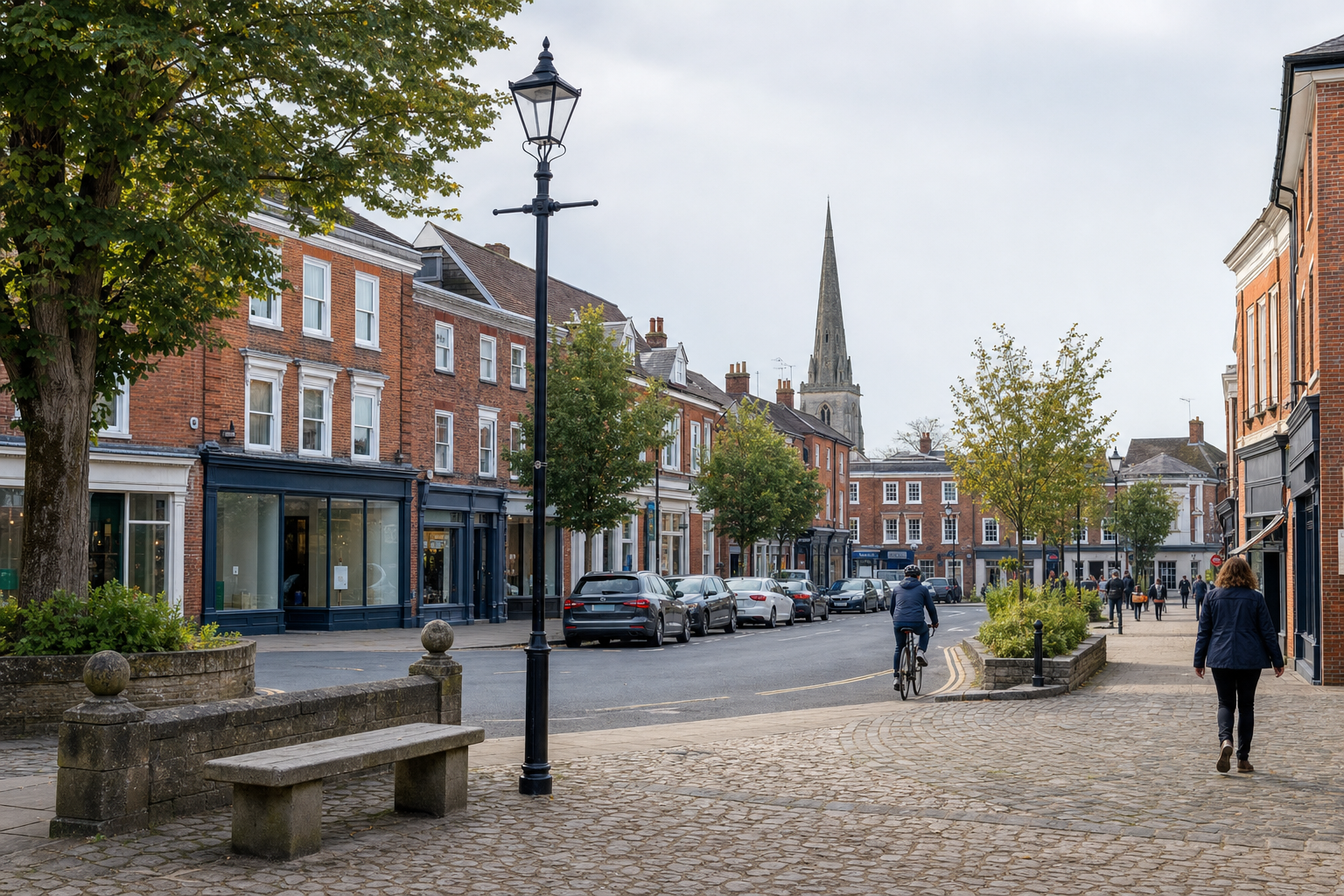 A cyclist rides down a quiet street lined with red-brick buildings, trees, and a distant church spire.