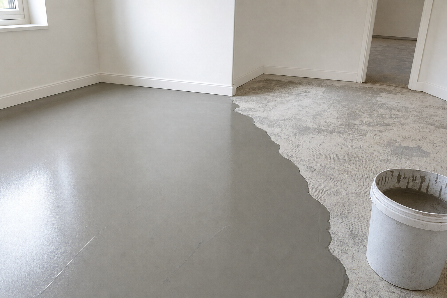A partially finished grey concrete floor with a bucket in an empty room.