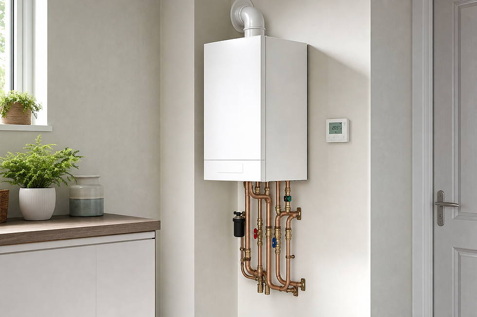 A white boiler with visible copper pipes is mounted on a wall next to a digital thermostat in a modern interior.