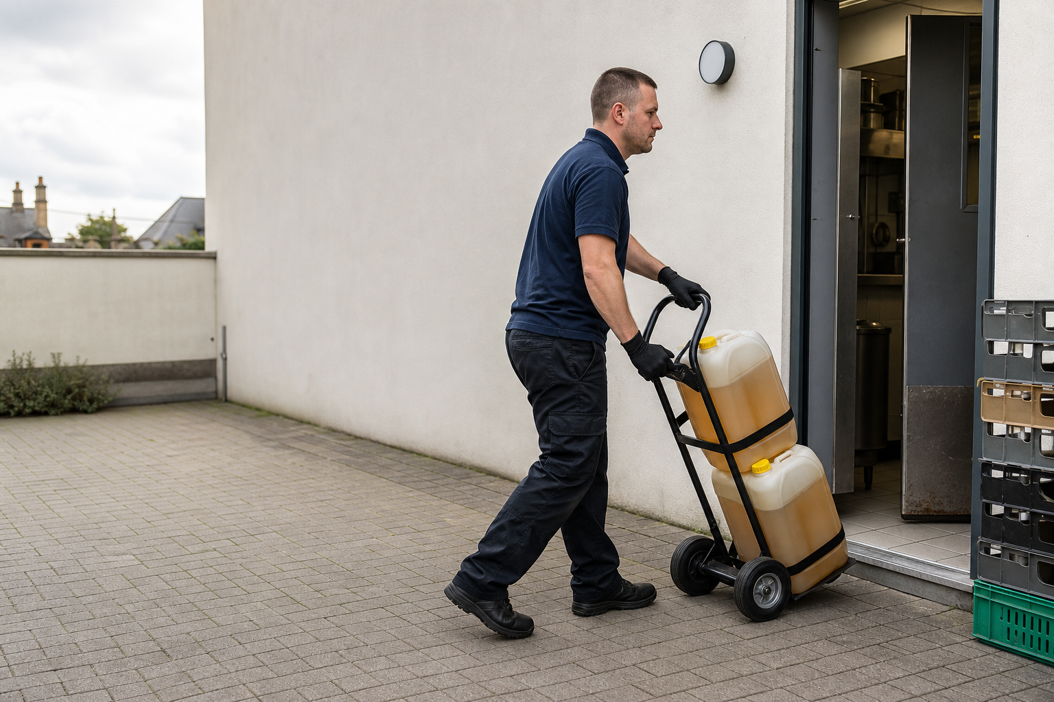 Man in gloves uses a hand truck to transport two large yellow containers into a building.