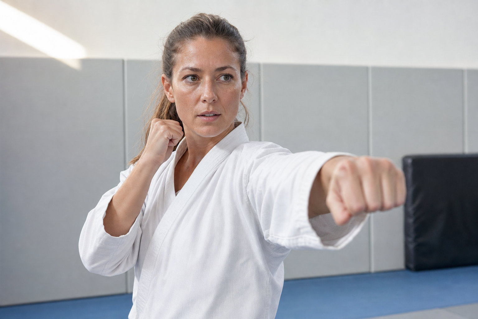 A woman in a white martial arts gi performing a punch in a training room.