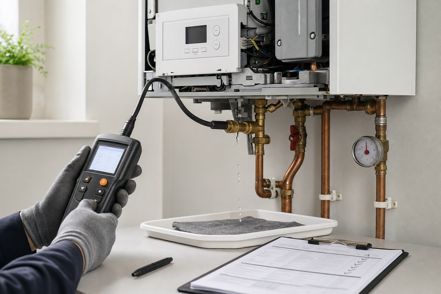 Technician using a diagnostic tool to check a boiler, with a clipboard and tray collecting water below.