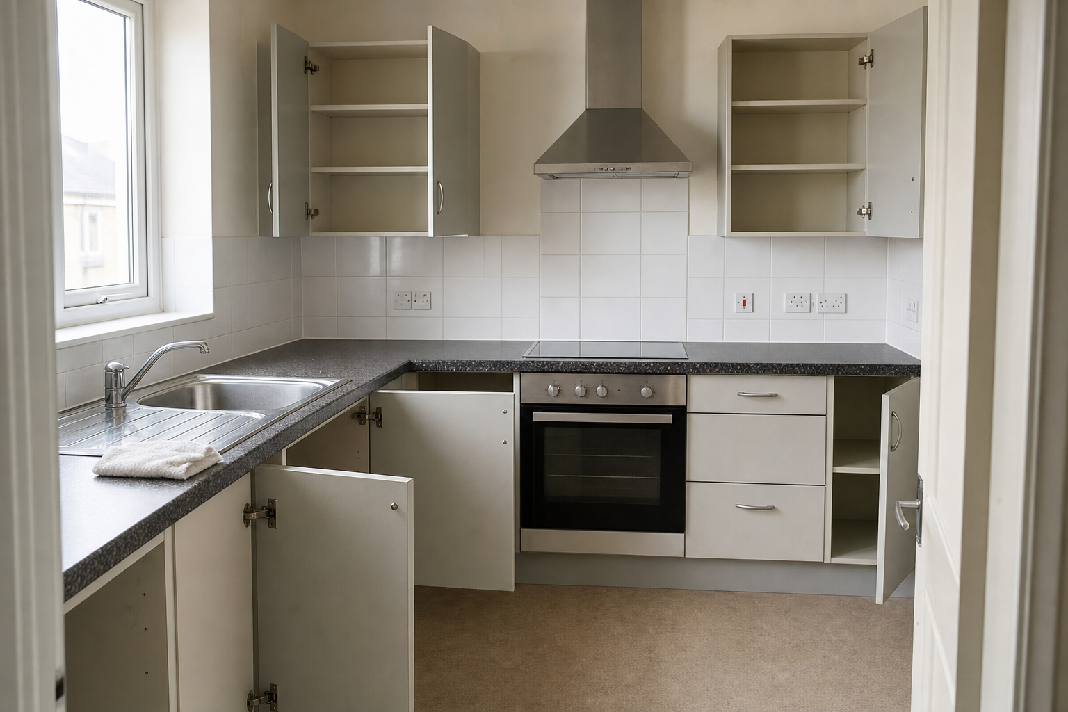 A clean, empty kitchen with open cabinets, a built-in oven, and stainless steel sink under a window.