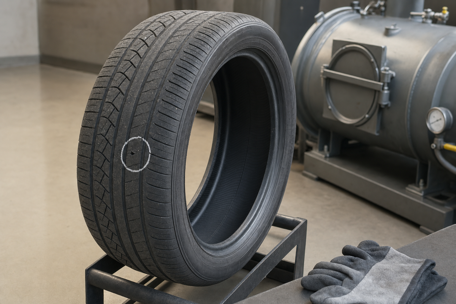 A car tyre with a marked puncture sits upright on a metal stand, next to industrial equipment and gloves.