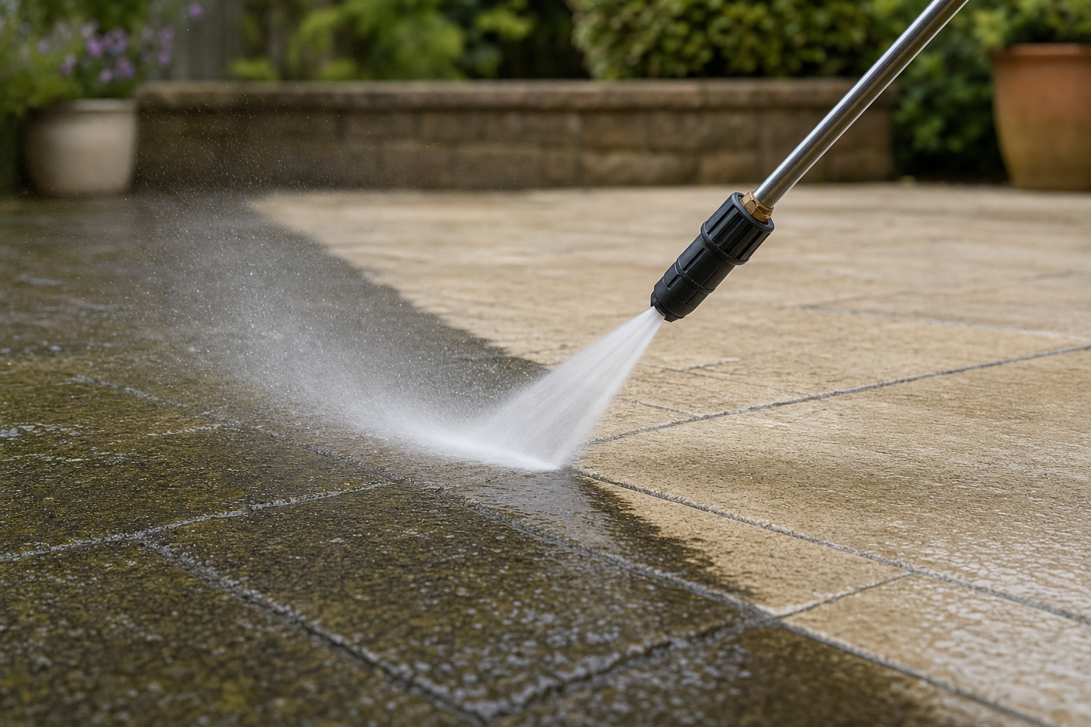 A pressure washer cleaning a dirty stone patio, with a clear contrast between cleaned and uncleaned surfaces.