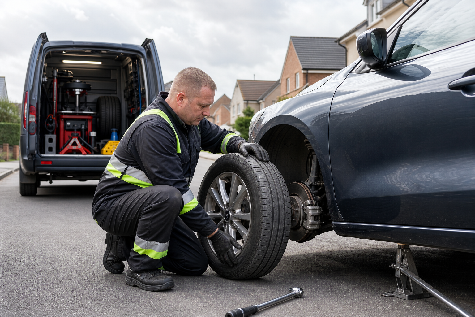 Mechanic changing a tire on a car beside a van with tools.