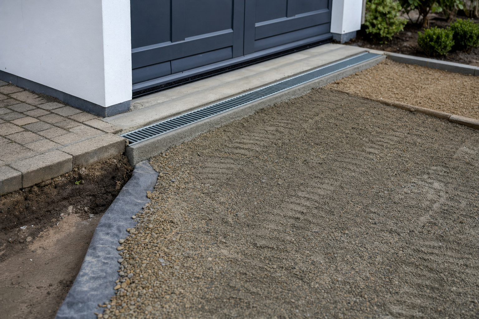 A newly constructed gravel driveway with a drainage channel leading to a grey garage door.