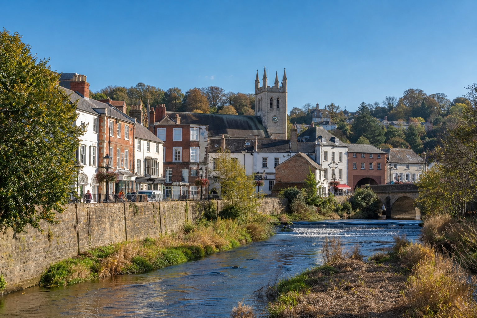 Idyllic riverside town with historic buildings and a church under a clear blue sky.