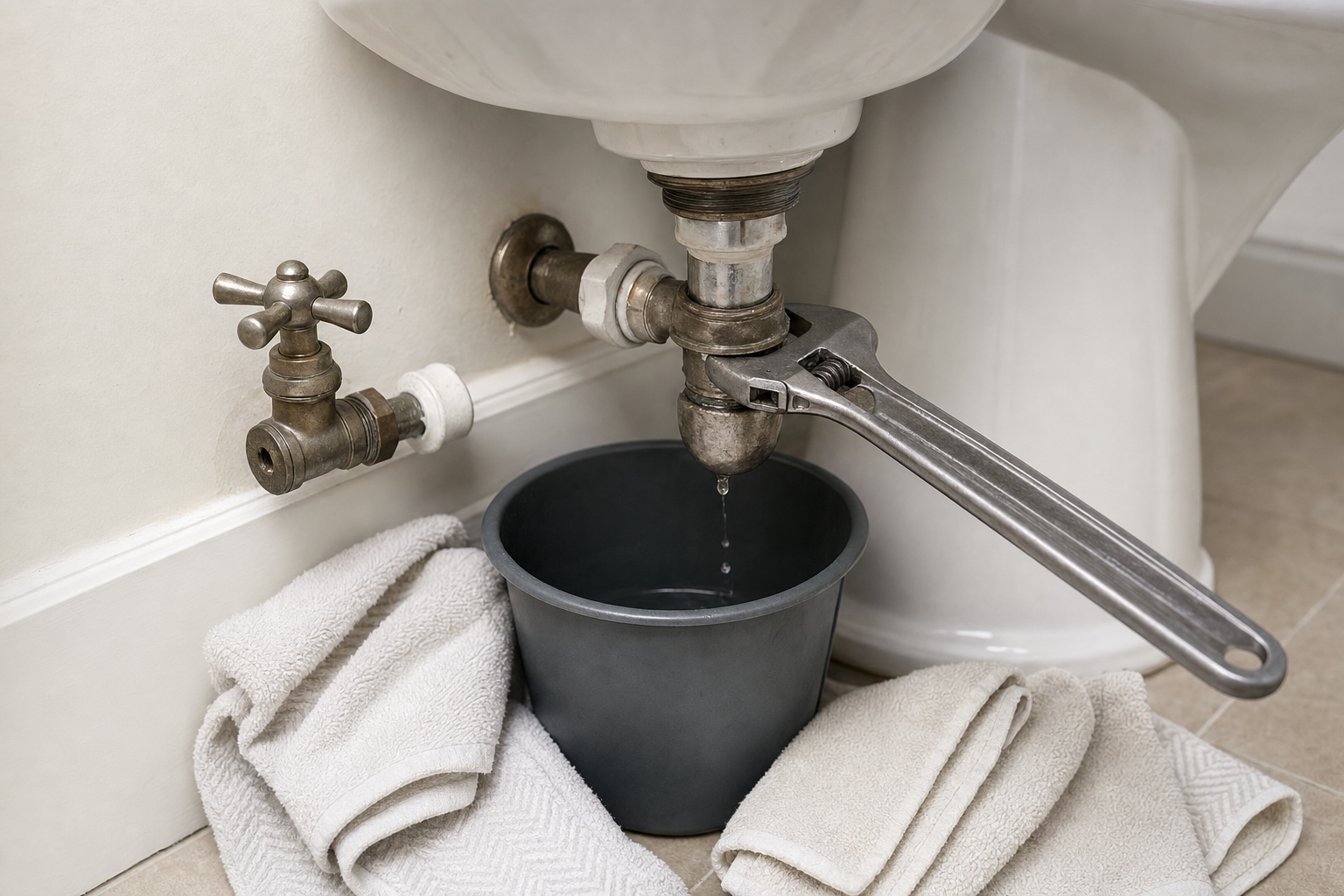 A spanner tightens a leaking bathroom pipe over a bucket, surrounded by towels for protection.