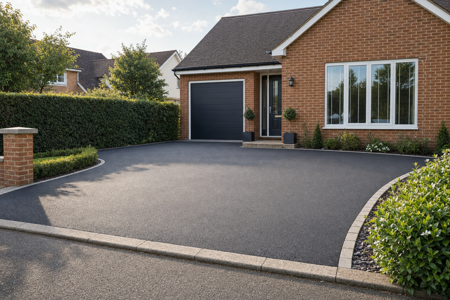 A neatly paved driveway leads to a modern brick house with a black garage door and landscaped front garden.