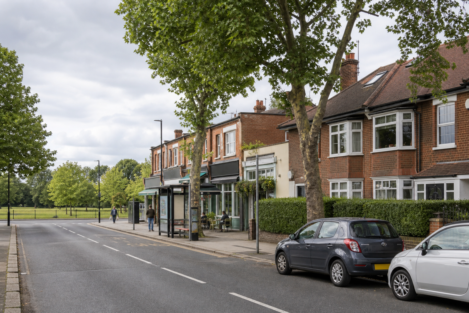 A quiet suburban street with parked cars, a bus stop, and a row of shops beside a green park under a cloudy sky.