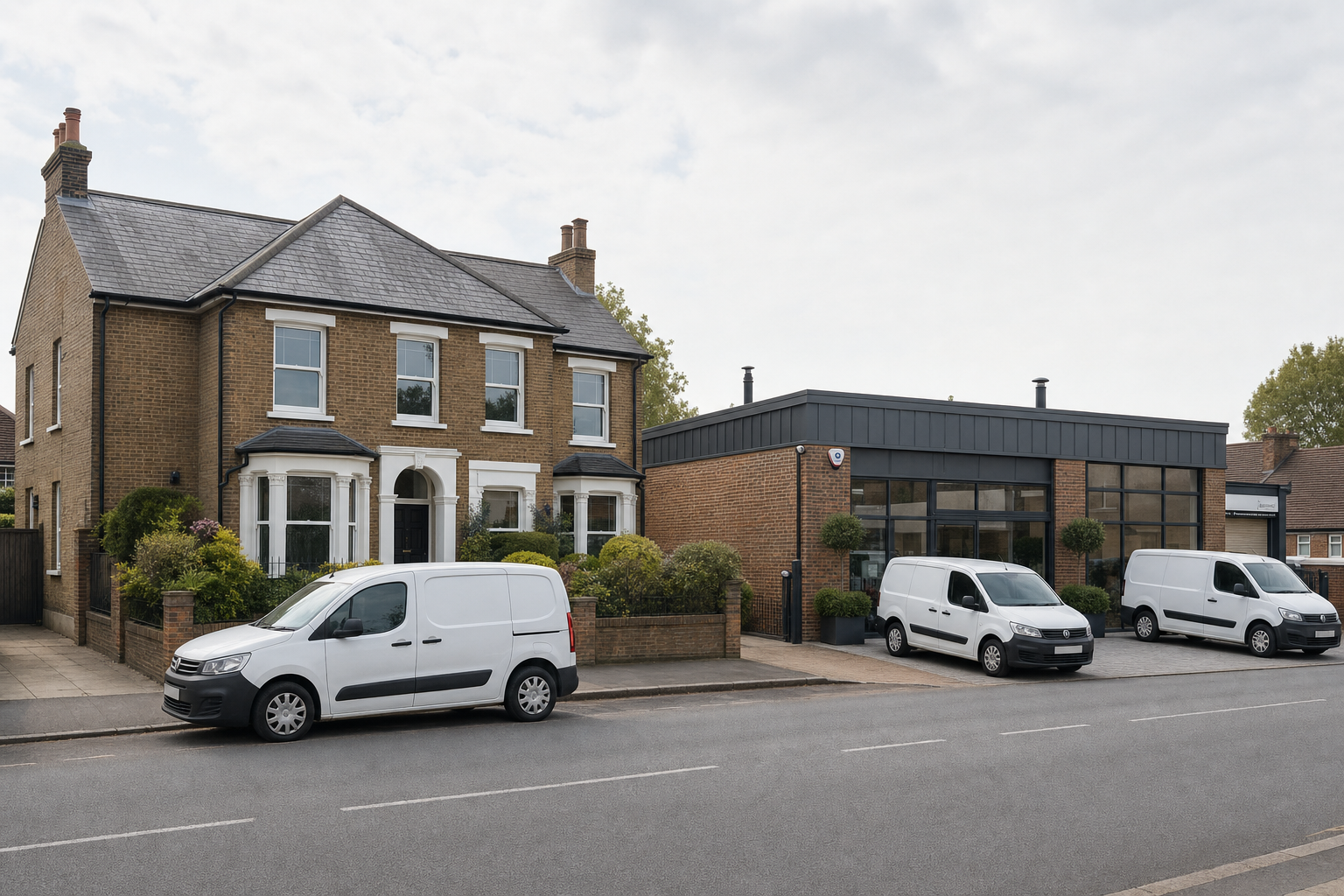 Two white vans parked in front of a traditional brick house and a modern office building.