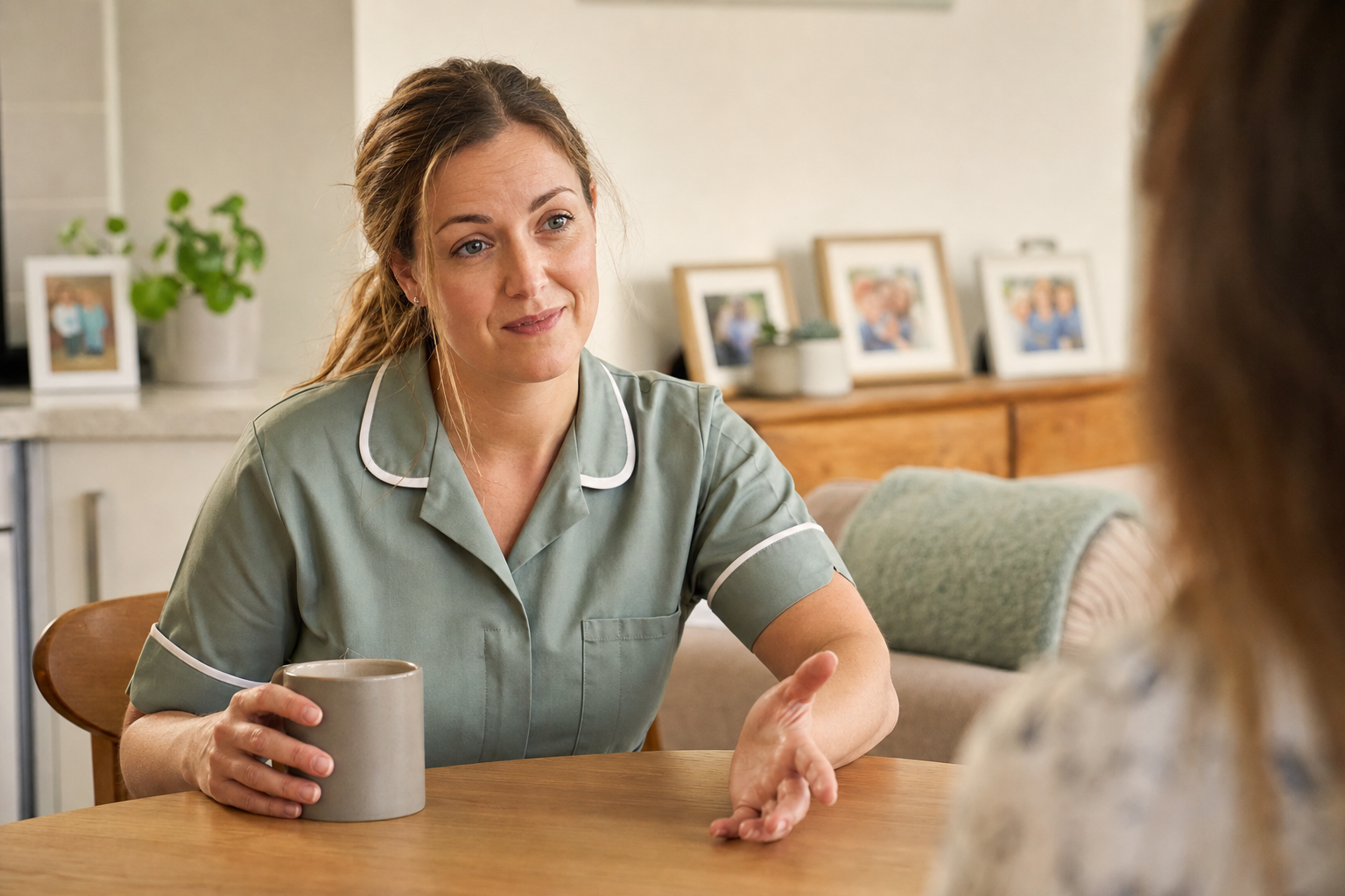 A care worker in a green uniform converses at a table, holding a mug, with framed photos in the background.