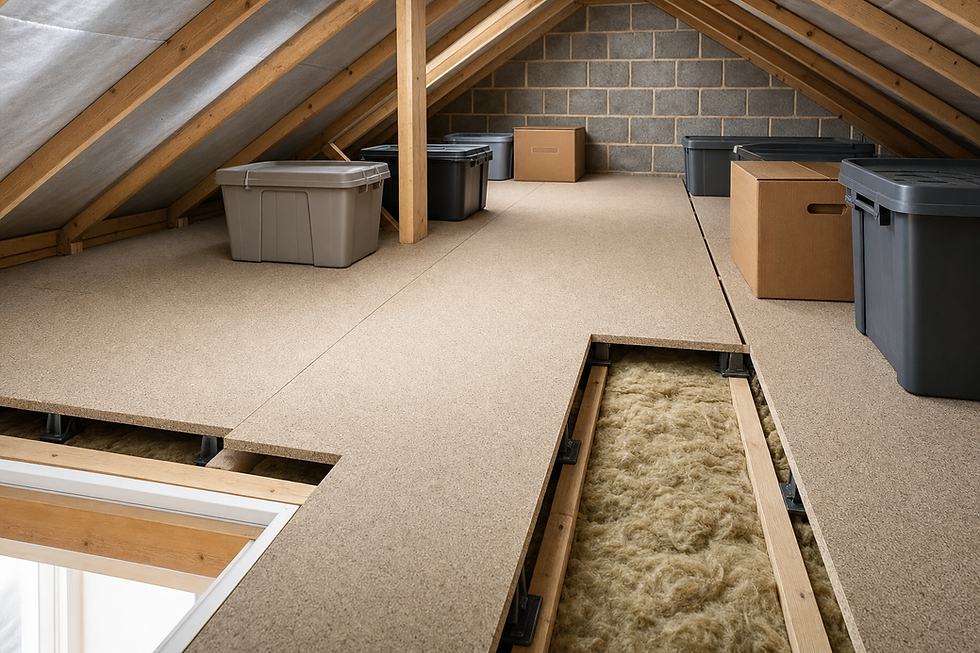 An attic with organised storage boxes and visible insulation under the flooring.
