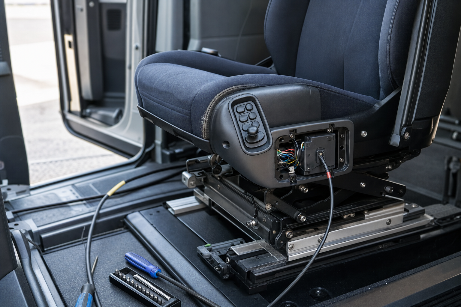 Driver's seat with exposed wiring and controls inside a vehicle, with tools nearby on the floor.