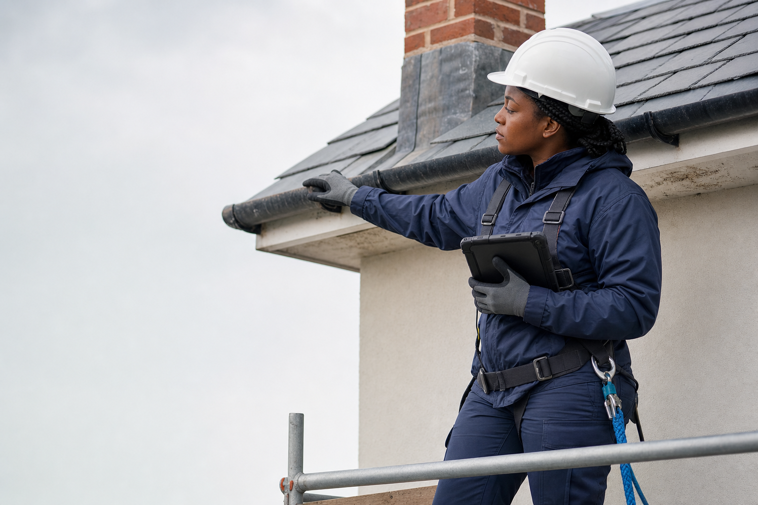 Construction worker in a hard hat and safety gear inspects a building's gutter while holding a tablet.