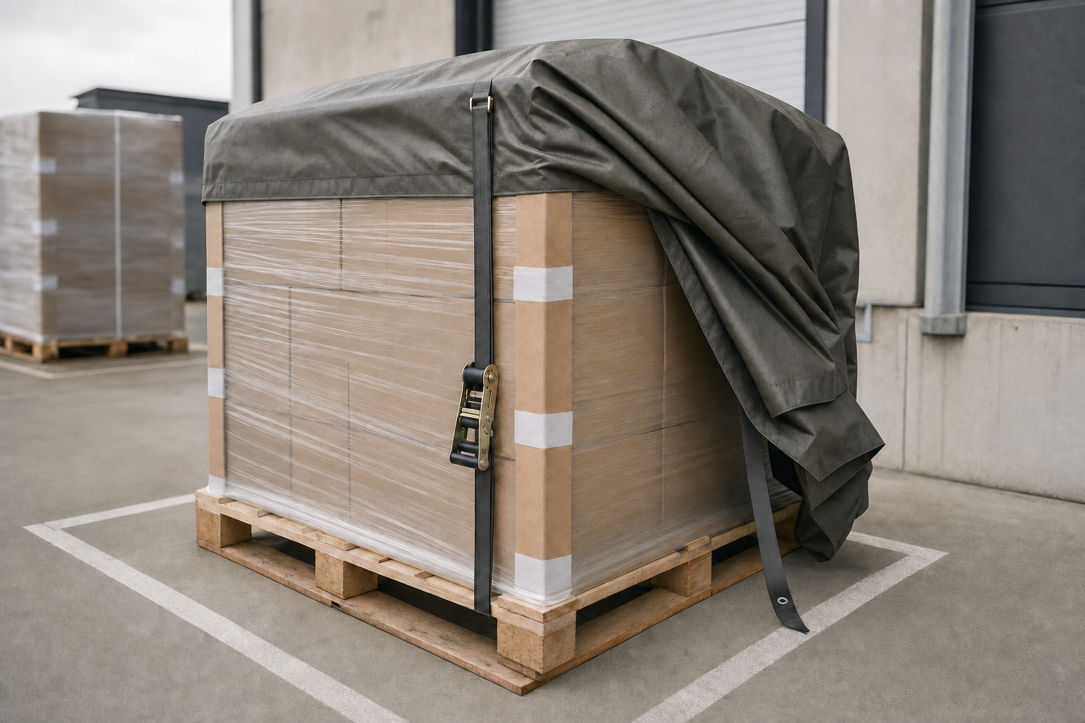 Large cardboard box on a wooden pallet, covered with a grey tarpaulin and secured with straps, in an outdoor loading area.