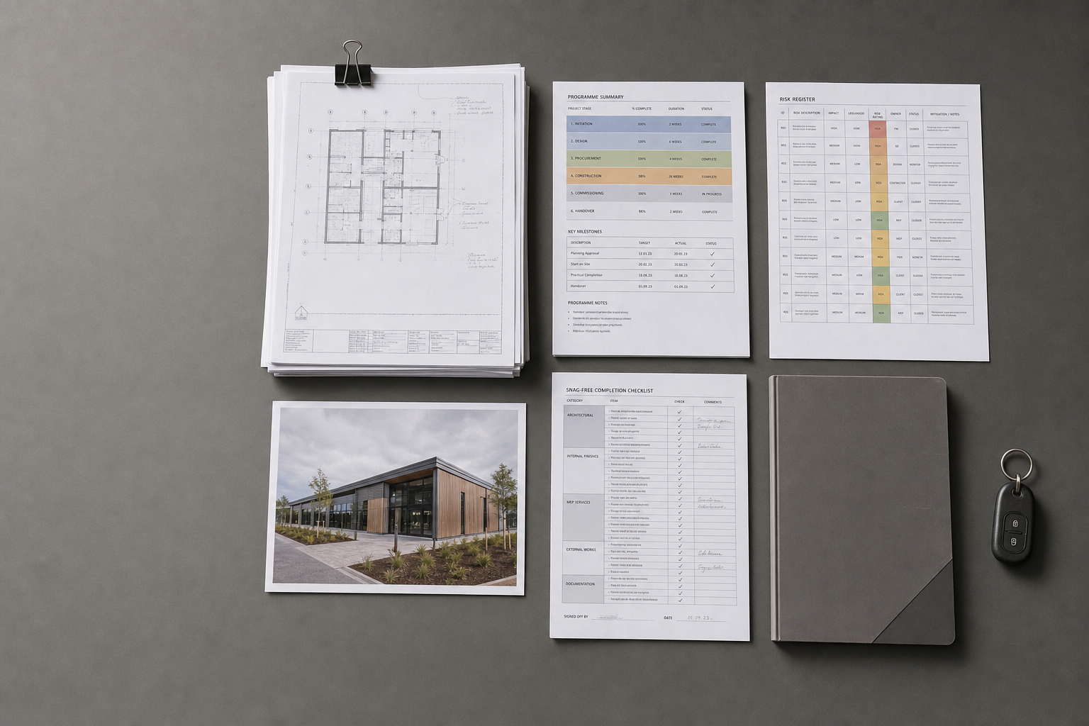 Architectural blueprints, a programme summary, risk register, photograph of a building, checklist, notebook, and a car key fob.