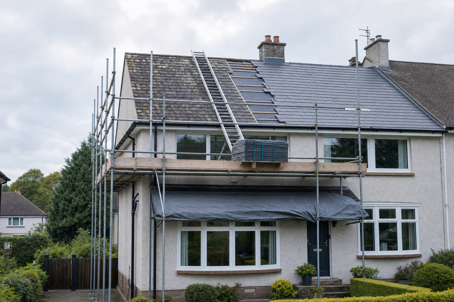Scaffolding surrounds a semi-detached house undergoing roofing renovations with new tiles and ladders visible.