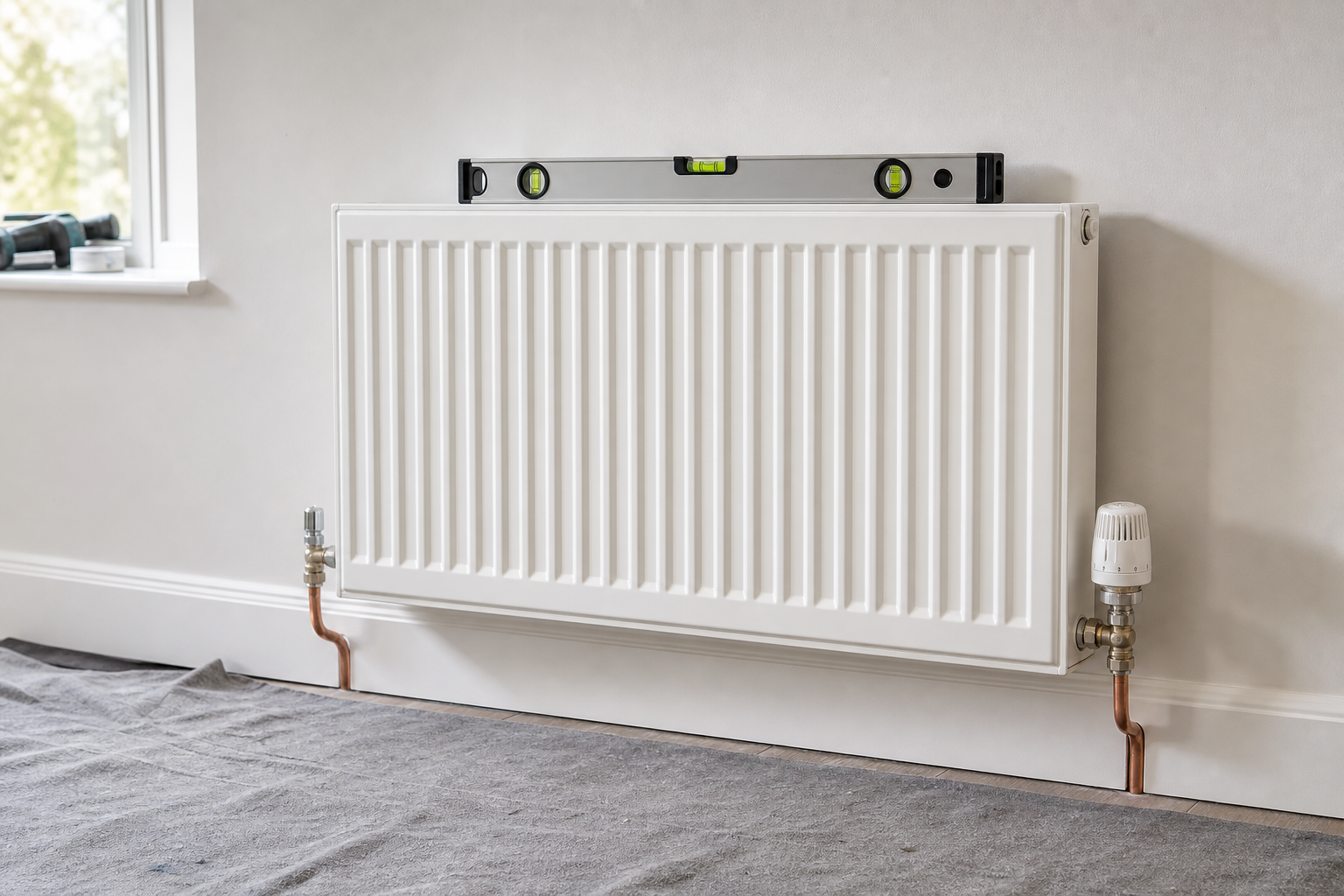 White radiator installed on a wall with a spirit level on top, surrounded by copper piping.