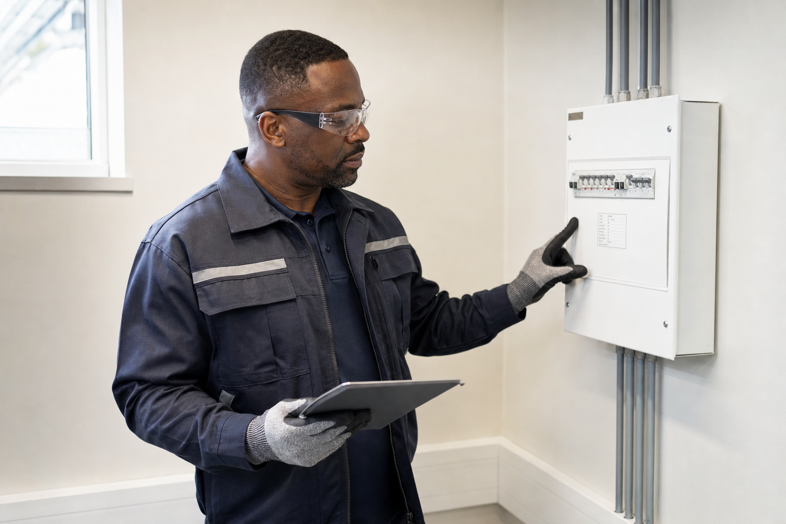 Technician inspects an electrical panel while holding a tablet, wearing protective eyewear and gloves.