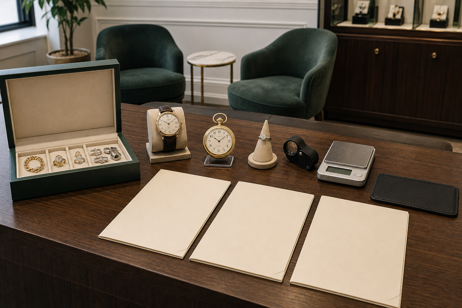 Jewelry and watches displayed on a wooden table with documents and measuring tools nearby.