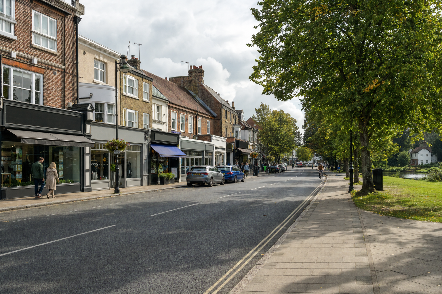 A row of shops and parked cars line a tree-shaded street on a cloudy day, with a couple walking on the pavement.