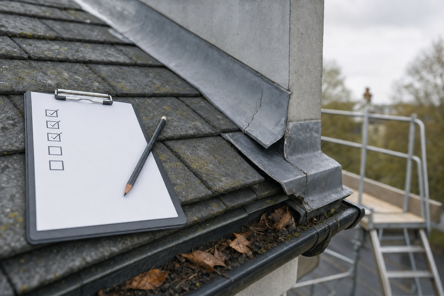 Checklist and pencil on a rooftop with scaffolding visible in the background.