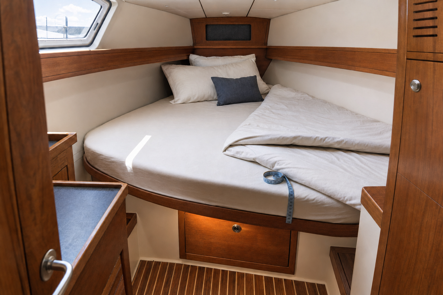 Cosy wooden cabin bedroom with a made bed, two pillows, and a blue measuring tape on the duvet.