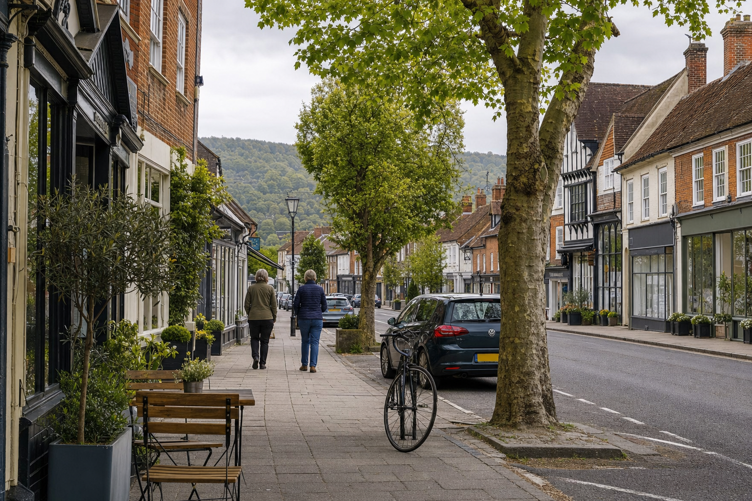 A quiet village street scene with people walking past shops, a parked car, and a bicycle against a tree.