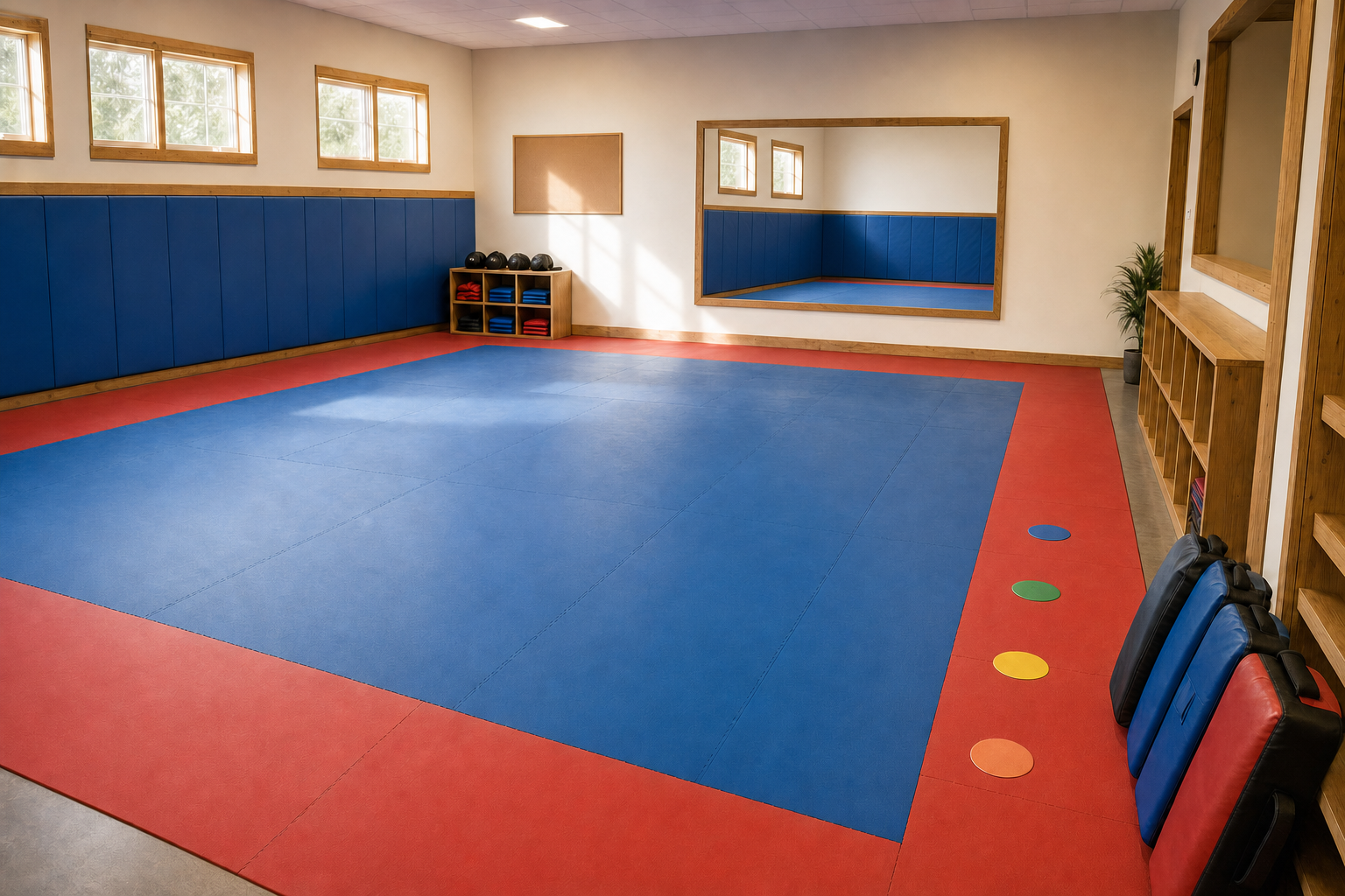 Martial arts dojo with blue and red mats, wall mirrors, training equipment, and bright windows.
