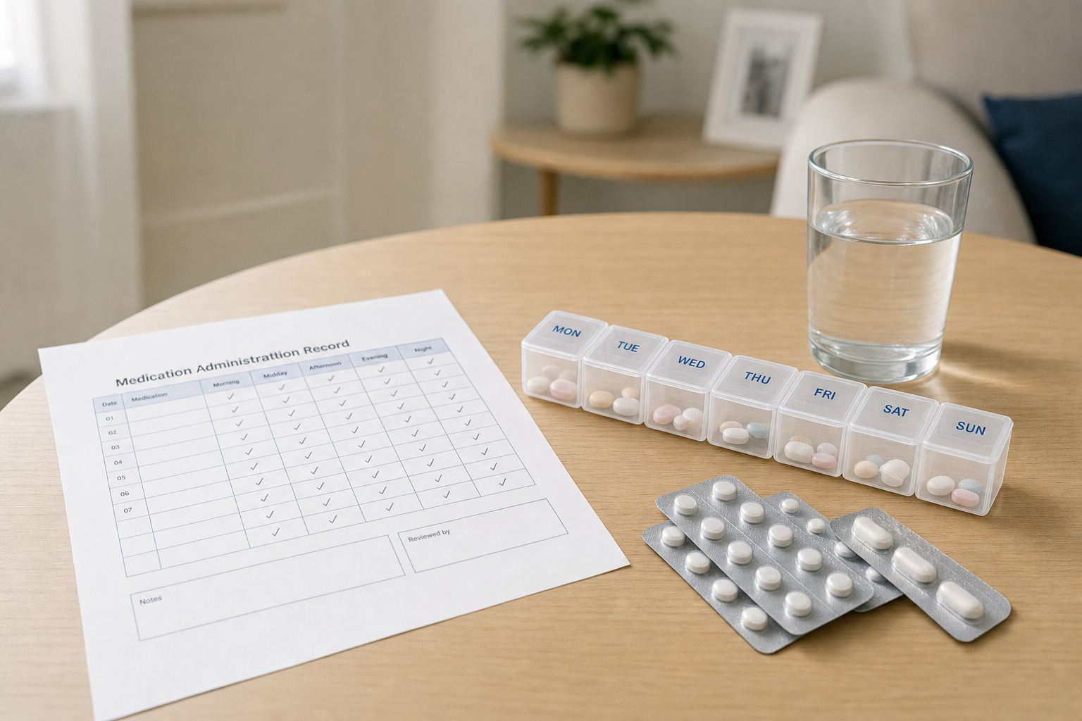 Medication organiser, blister packs, a glass of water, and a medication administration record on a wooden table.