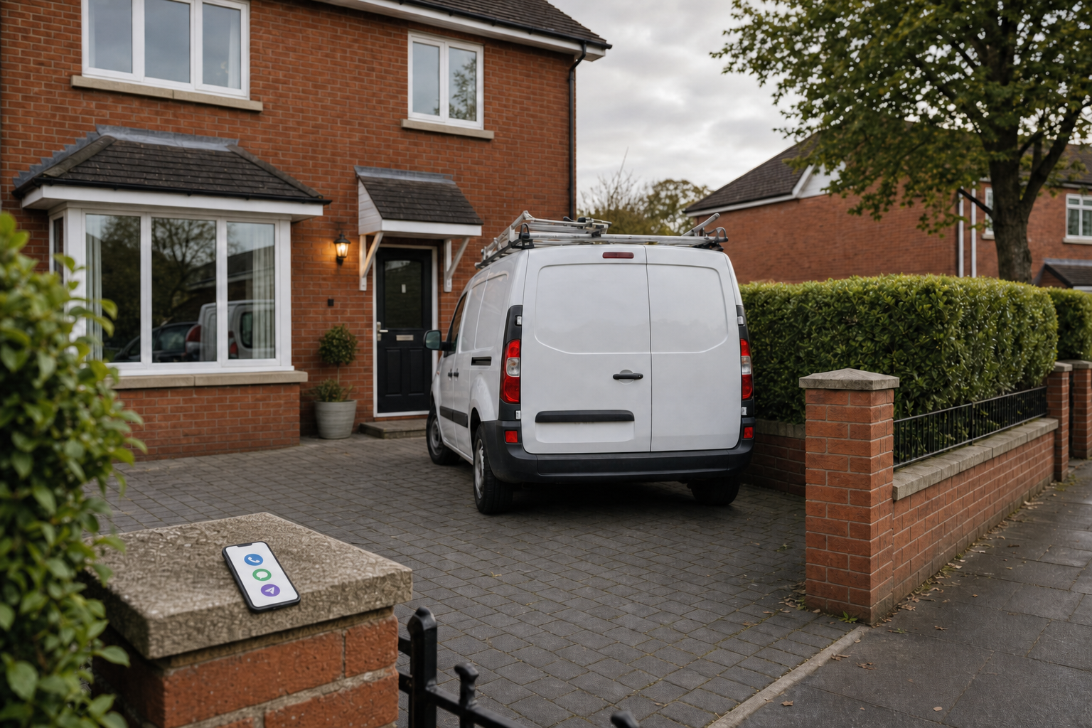 White van parked in the driveway of a brick house, with a smartphone on a nearby brick wall.