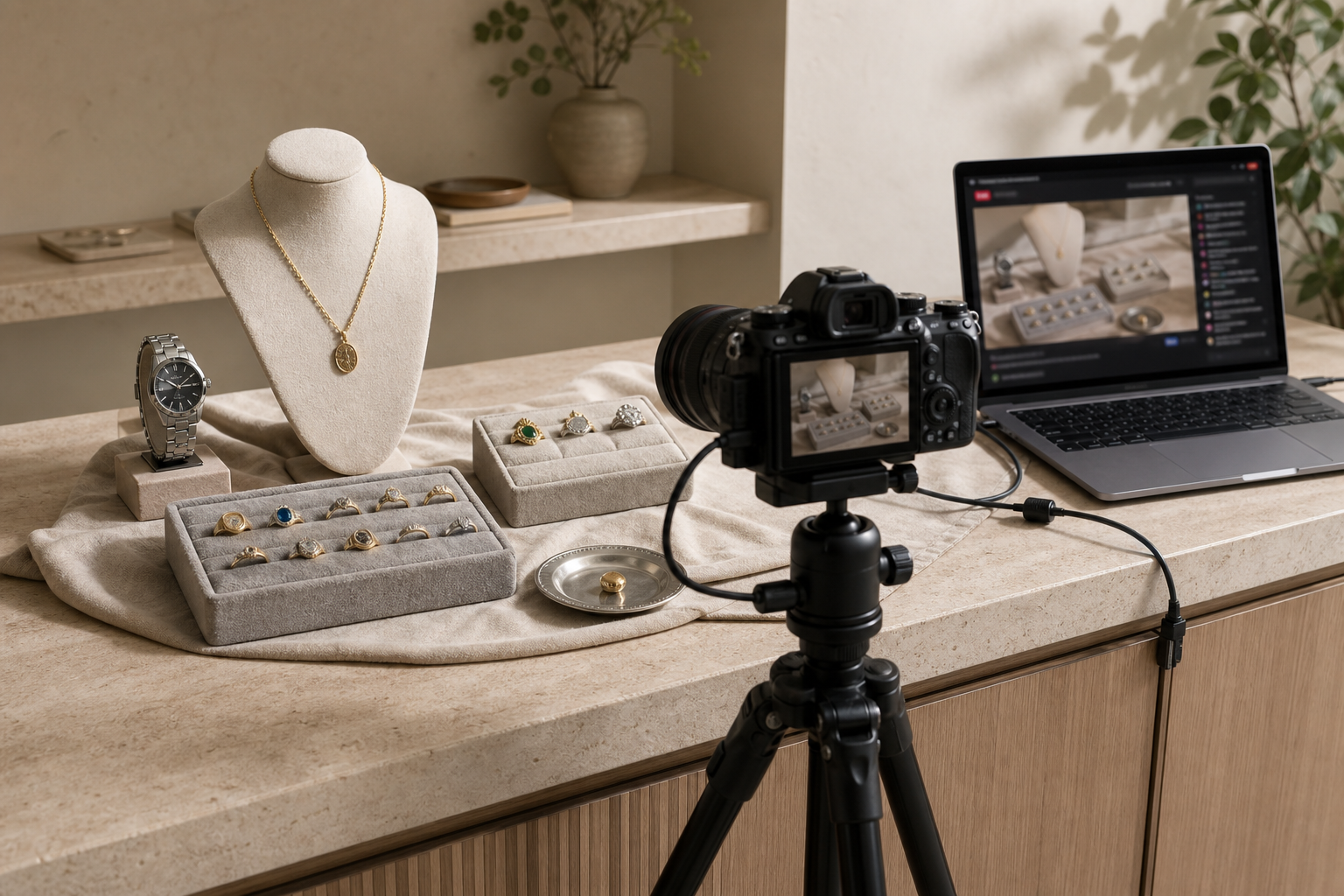 Camera and laptop set up to film a display of jewelry, including rings, a watch, and a necklace.