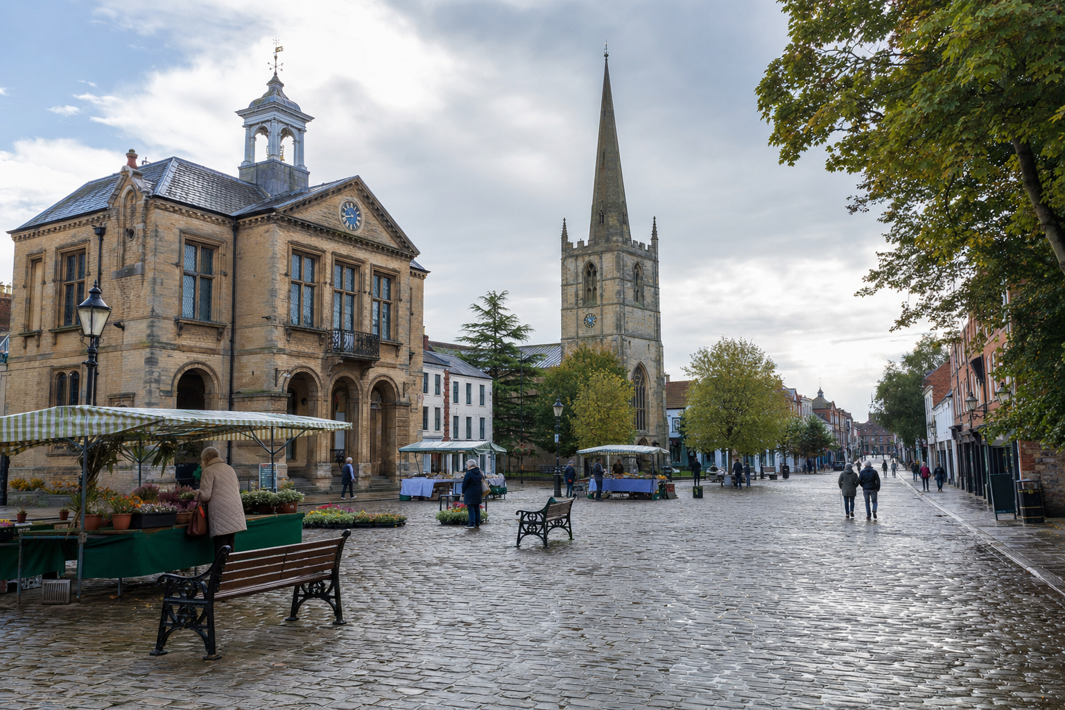 A historic market square with a large church and a town hall, featuring stalls and people strolling on a cobbled path.
