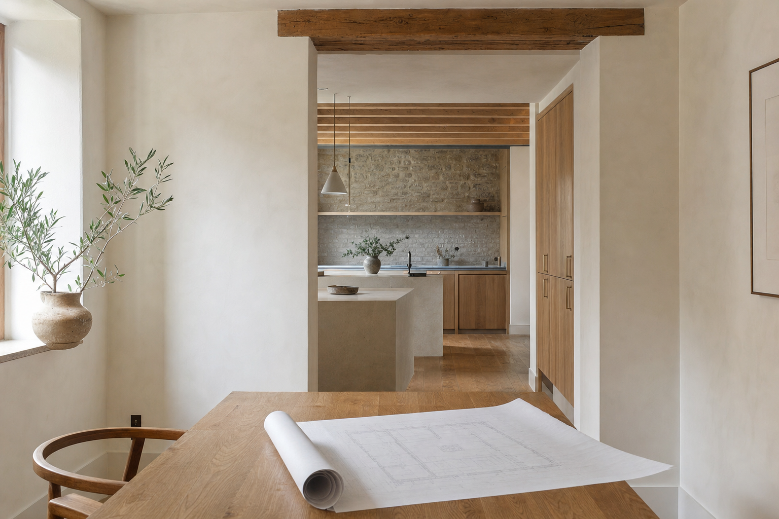 Modern open-plan kitchen with wooden beams and a dining table featuring architectural plans in a bright, minimalist room.