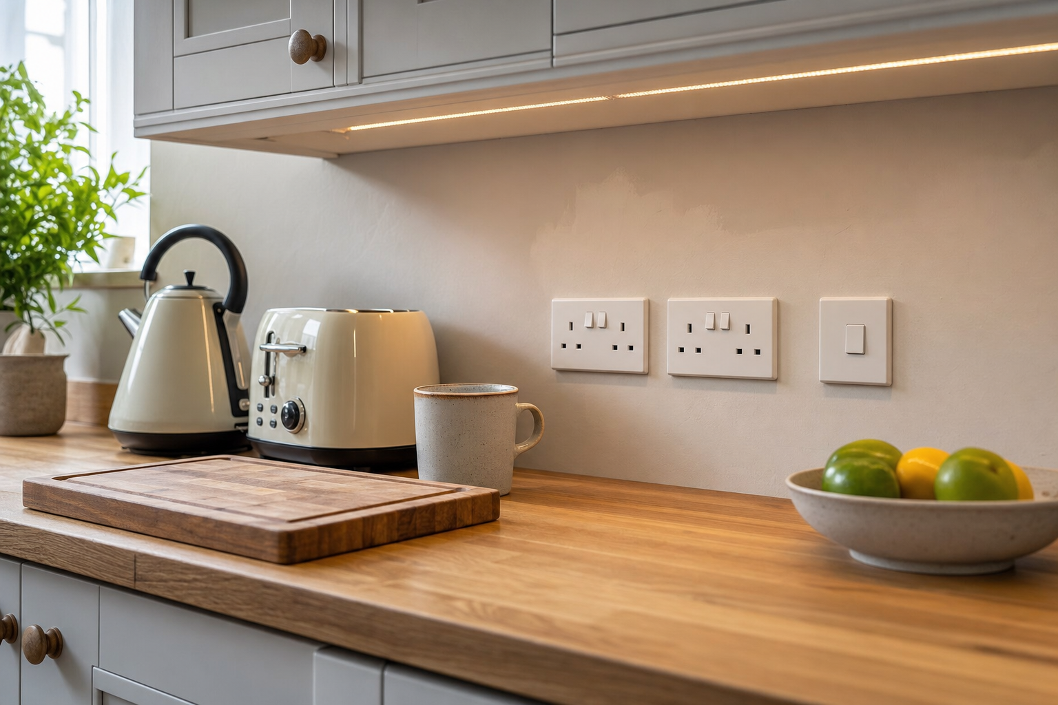 Modern kitchen worktop with a kettle, toaster, cutting board, and a bowl of fruit under cabinet lighting.