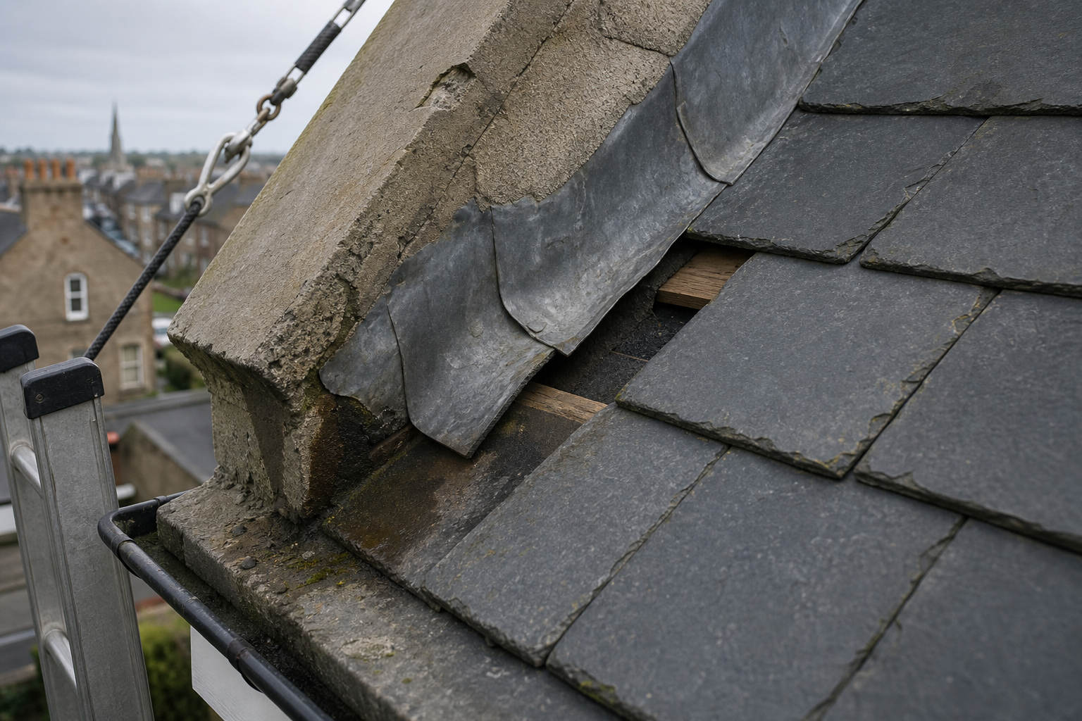 Close-up of a damaged slate roof corner showing exposed underlayment and a background view of rooftops and a church spire.