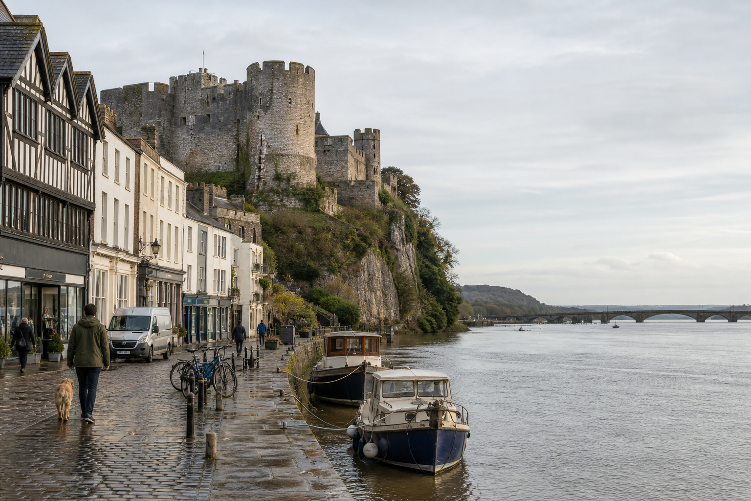 Riverside path with people walking dogs, boats docked, and a historic castle in the background.