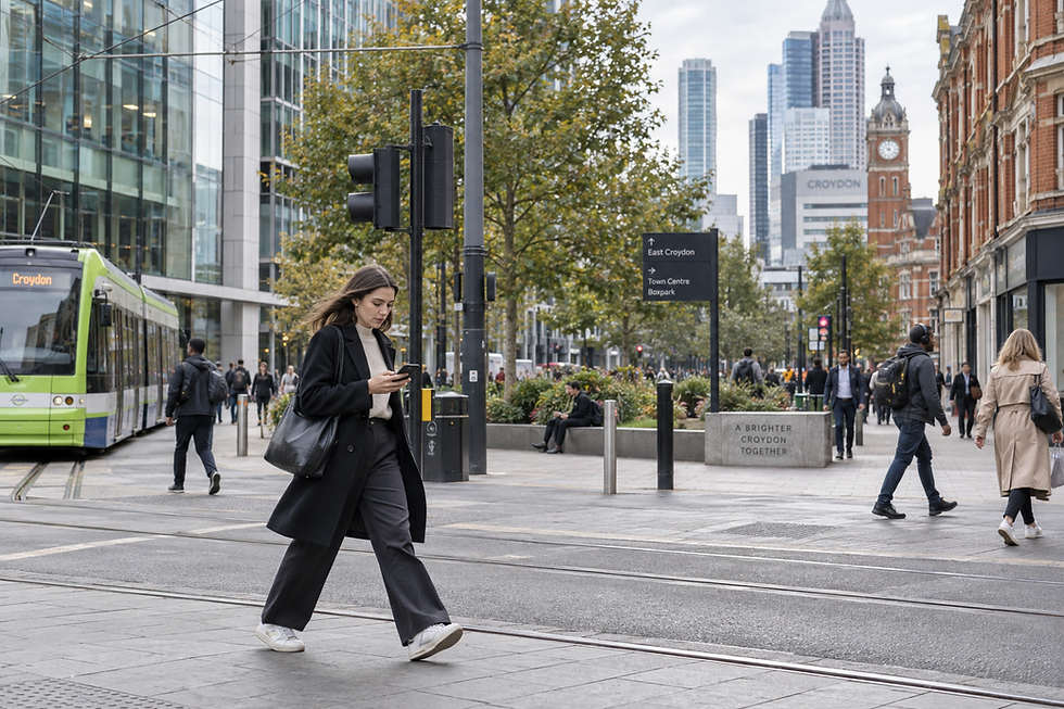 A woman crosses a city street while looking at her phone, with a tram and skyscrapers in the background.