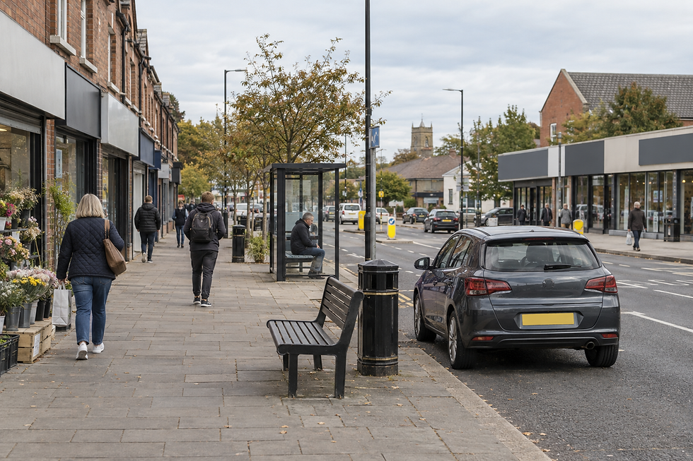 People walking along a busy high street with shops, parked cars, and a bus shelter.
